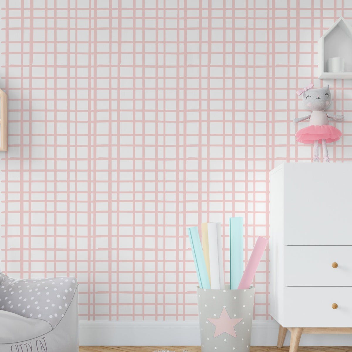 Papel de parede Quarto Menina Rosa Grid Infantil